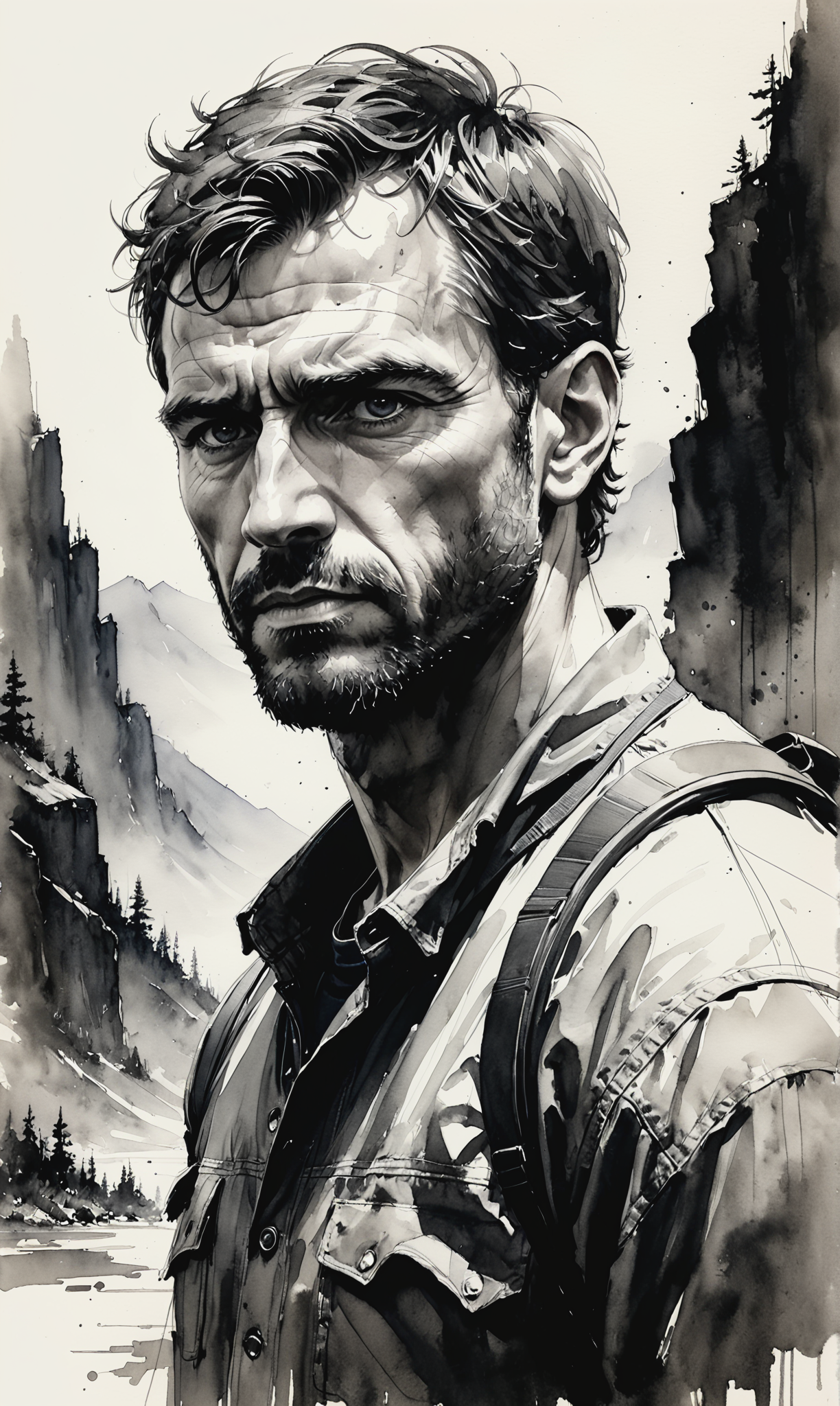 01138-393269098-fineliner pen and ink wash sketch of rugged outdoors man, head and shoulders, ink wash calligraphy line background in style of j.png